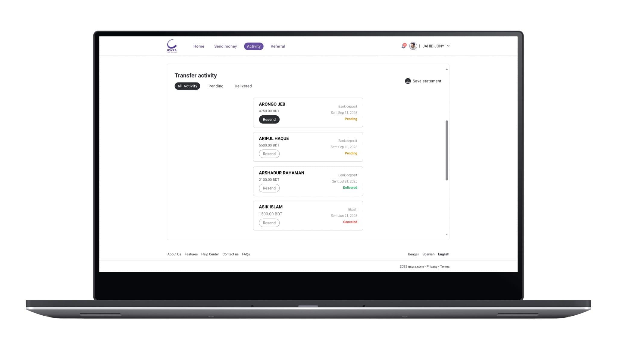 Activity screen