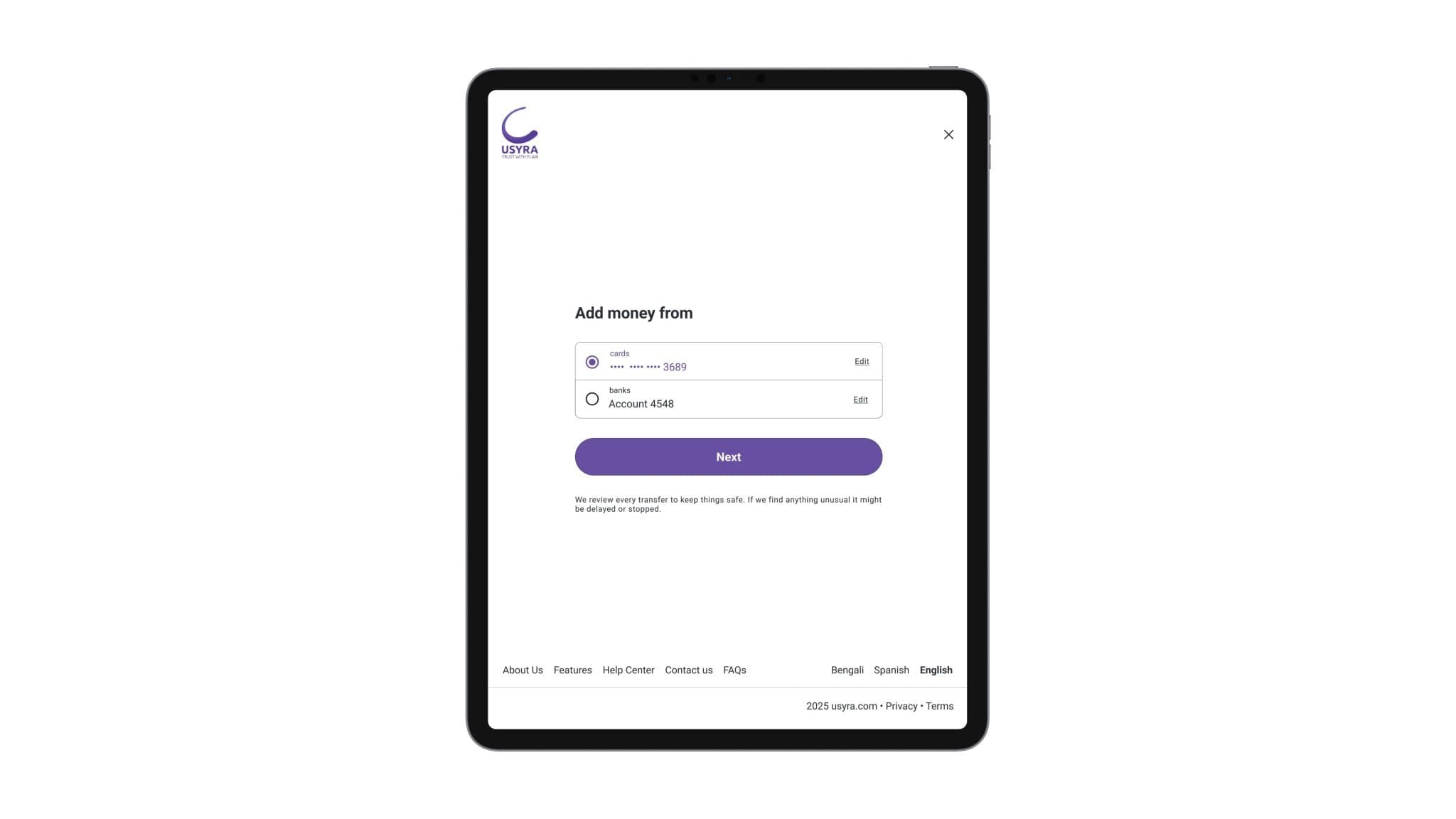 Add Money screen