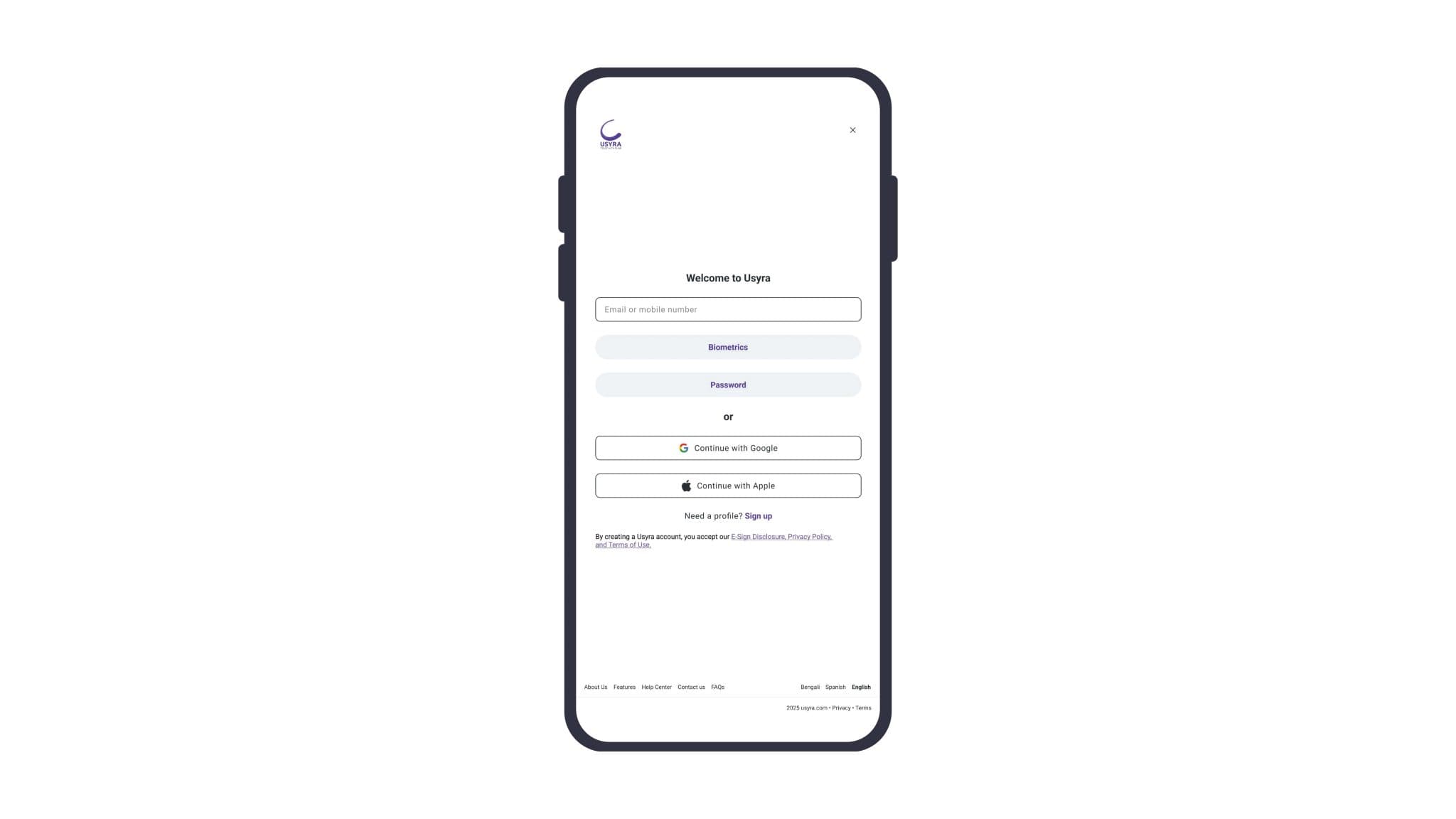 Login screen